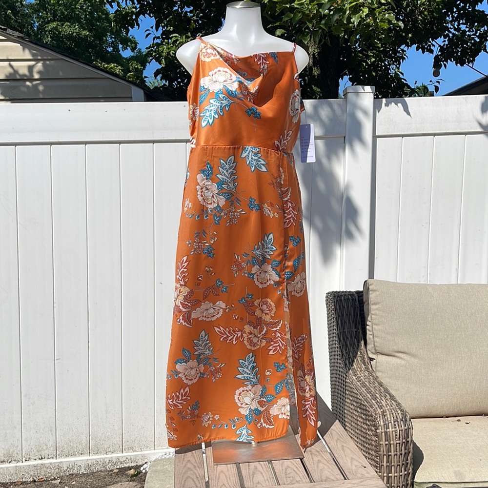 NWT Tsher Womens cowl neck Spagetti Strap Cocktail midi dress with slit XL